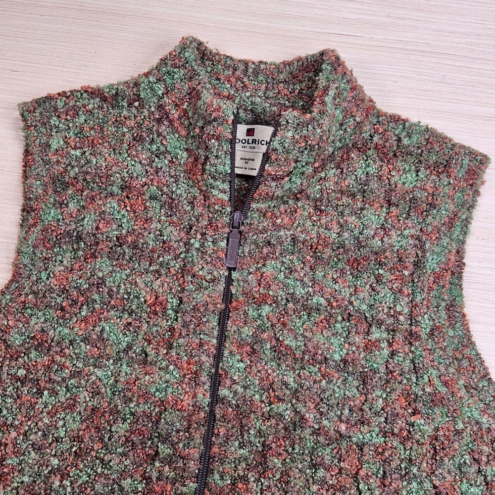 Woolrich Full Zip Sweater Vest Womens M Multi Green Brown Boucle Wool Blend